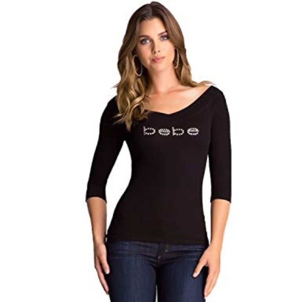 Bebe V Neck V Back Black 3/4 sleeve top with Swarovski crystal letters